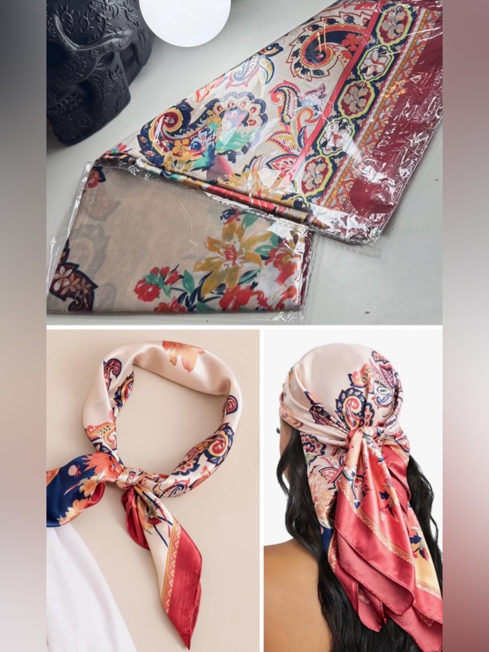 3/$15 Head Scarf Women Satin Square Head Scarf Fashion Sleep Pinkish-Red Paisley